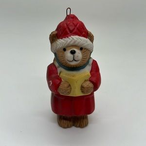 Vintage Porcelain Red Caroling Bear Christmas Ornament